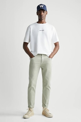 Men's White Crew-neck T-shirt, Mint Jeans, Beige Canvas High Top Sneakers, Navy and White Print Baseball Cap