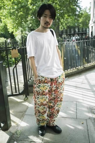 Men's White Crew-neck T-shirt, Multi colored Floral Chinos, Black Leather Low Top Sneakers