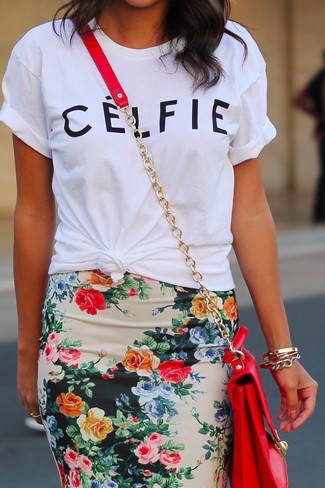 Women's White Crew-neck T-shirt, Multi colored Floral Pencil Skirt, Red Crossbody Bag