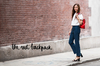Navy Dress Pants Outfits For Women: This combo of a white crew-neck t-shirt and navy dress pants is definitive proof that a safe off-duty look doesn't have to be boring. If you want to effortlessly bump up your outfit with a pair of shoes, why not complete your ensemble with black leather heeled sandals?