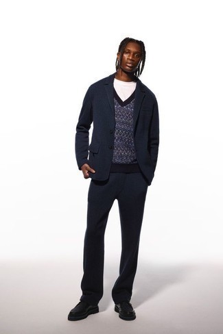 Navy Print Sweater Vest Outfits For Men: 