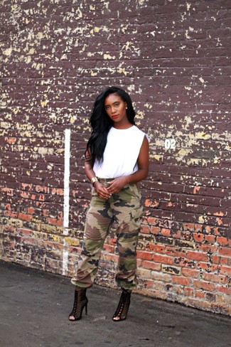 Women's White Crew-neck T-shirt, Olive Camouflage Cargo Pants, Black Cutout Suede Ankle Boots