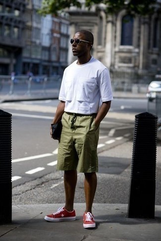 Men's White Crew-neck T-shirt, Olive Shorts, Red Canvas Low Top Sneakers, Black Sunglasses