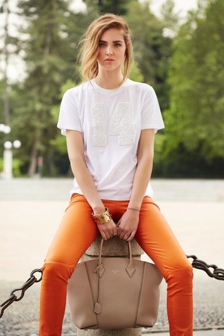 Women's White Crew-neck T-shirt, Orange Leather Skinny Pants, Beige Leather Tote Bag, Gold Bracelet
