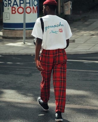 Men's White Print Crew-neck T-shirt, Red Plaid Sweatpants, Black and White High Top Sneakers, Red Beanie