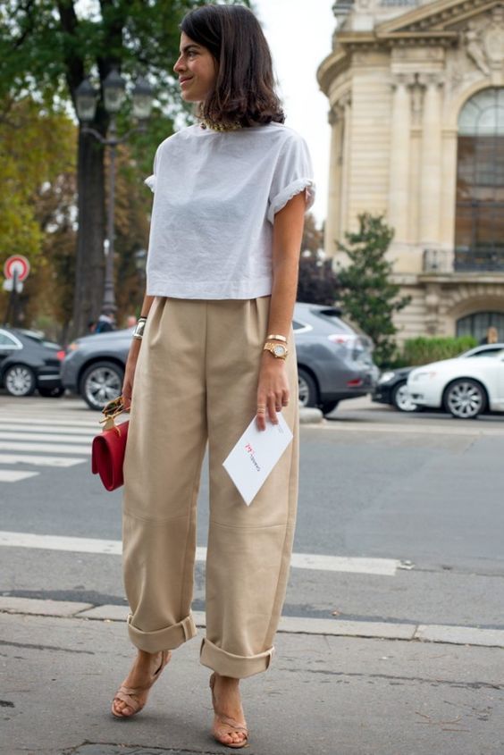 Womens White Crewneck Tshirt Tan Wide Leg Pants Beige Leather Heeled  Sandals Red Leather Clutch  Lookastic