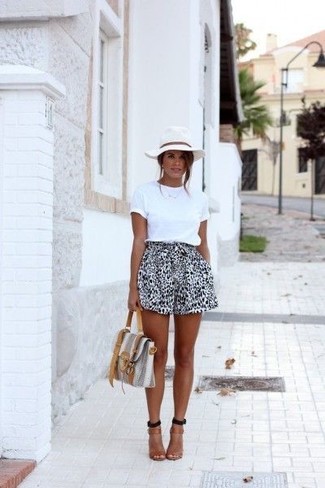 Women's White Crew-neck T-shirt, White and Black Leopard Shorts, Brown Leather Heeled Sandals, White Hat