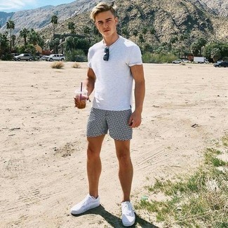 Men's White Crew-neck T-shirt, White and Black Print Shorts, White Canvas Low Top Sneakers, Navy Sunglasses