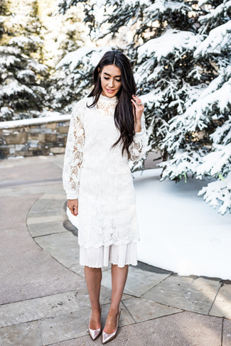 Silver Pumps Outfits: Make a white crochet midi dress your outfit choice to don a totaly stylish look. Add a pair of silver pumps to your look and you're all done and looking wonderful.
