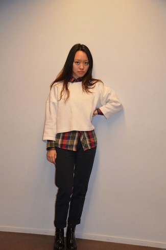 Women's White Cropped Sweater, Red Plaid Dress Shirt, Black Dress Pants, Black Leather Ankle Boots