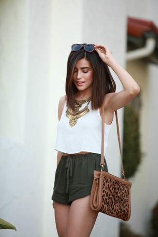 Women's White Cropped Top, Dark Green Shorts, Brown Leopard Suede Crossbody Bag, Gold Necklace