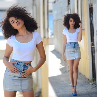 White Cropped Top Outfits: If you're on a mission for a laid-back but also stylish getup, consider wearing a white cropped top and a light blue denim mini skirt. Feeling experimental today? Switch things up by finishing off with a pair of blue suede pumps.
