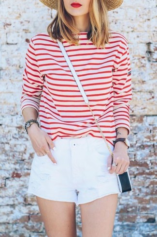 White and Red Horizontal Striped Long Sleeve T-shirt Outfits For Women: 