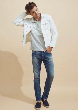 Charcoal Print Crew-neck T-shirt Outfits For Men: A charcoal print crew-neck t-shirt and blue jeans are a good outfit to have in your day-to-day casual routine. If you want to effortlessly rev up your outfit with a pair of shoes, introduce navy canvas espadrilles to your look.