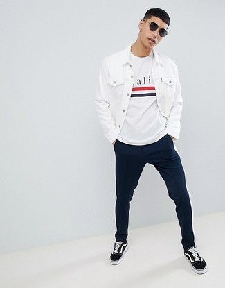 Men's White Denim Jacket, White Print Crew-neck T-shirt, Navy Chinos, Black and White Canvas Low Top Sneakers