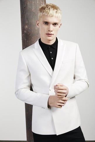 White Double Breasted Blazer Outfits For Men: Channel your inner connoisseur of modern men's style and choose a white double breasted blazer and black jeans.