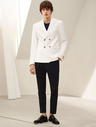 White Double Breasted Blazer Outfits For Men: Try pairing a white double breasted blazer with black dress pants for a really sharp look. Have some fun with things and complete this ensemble with a pair of black leather derby shoes.