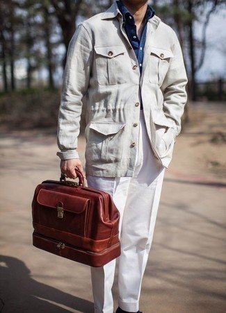 Men's Tobacco Leather Briefcase, White Dress Pants, Navy Chambray Long Sleeve Shirt, Beige Shirt Jacket