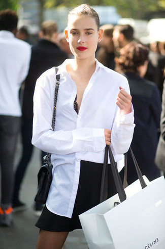 Women's White Dress Shirt, Black A-Line Skirt, Black Leather Crossbody Bag