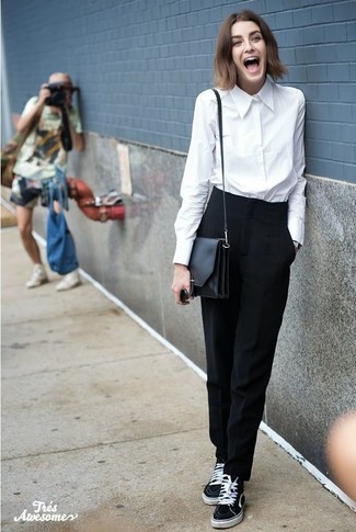 Black Dress Pants with Black and White Canvas Low Top Sneakers Outfits For  Women (2 ideas & outfits)