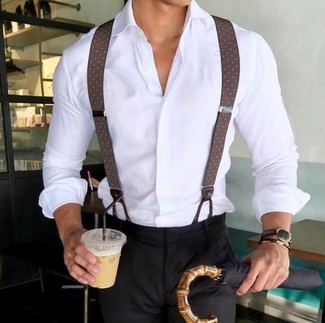 Dark Brown Suspenders Outfits: If you're after a relaxed but also seriously stylish outfit, choose a white dress shirt and dark brown suspenders.