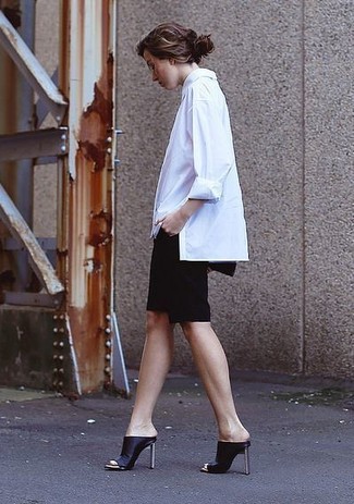 Women's White Dress Shirt, Black Pencil Skirt, Black Leather Mules
