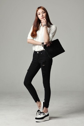 Women's White Dress Shirt, Black Ripped Skinny Jeans, White and Black Chunky Leather Oxford Shoes, Black Suede Clutch