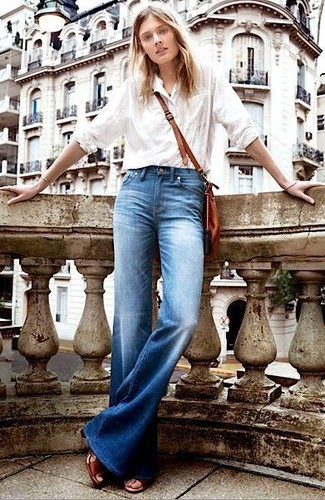 Women's White Dress Shirt, Blue Flare Jeans, Brown Leather Heeled Sandals, Brown Leather Crossbody Bag