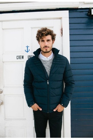 Blue Puffer Jacket Outfits For Men: 
