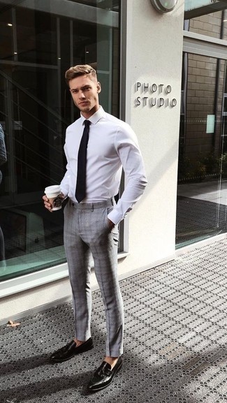 black dress shoes with grey pants