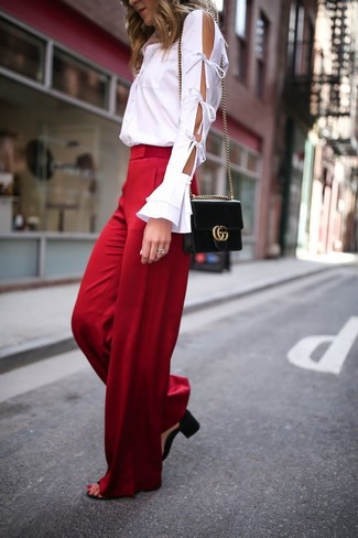 Women's White Cutout Dress Shirt, Red Wide Leg Pants, Black Leather Heeled Sandals, Black Leather Crossbody Bag