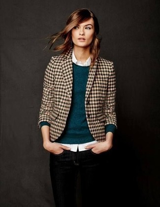 Tan Gingham Blazer Outfits For Women: 