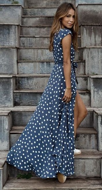 Navy and White Polka Dot Maxi Dress Outfits: 