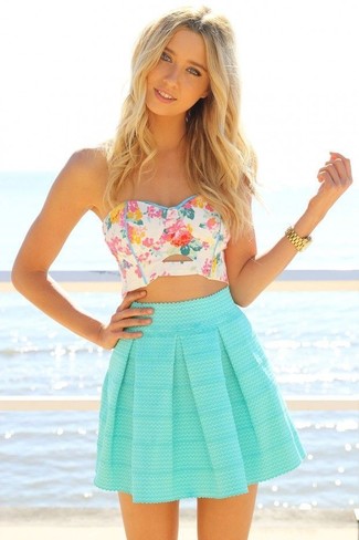 Women's White Floral Cropped Top, Mint Skater Skirt, Gold Watch