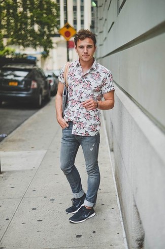Charcoal Skinny Jeans Outfits For Men: Rushed mornings call for a simple yet cool and casual outfit, such as a white floral short sleeve shirt and charcoal skinny jeans. When this ensemble is just too much, play it down by finishing off with a pair of black athletic shoes.