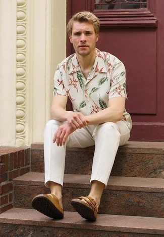 Tan Leather Sandals Outfits For Men: This combination of a white floral short sleeve shirt and white chinos is hard proof that a straightforward off-duty outfit can still be really interesting. Send an otherwise dressy outfit in a sportier direction by finishing off with a pair of tan leather sandals.