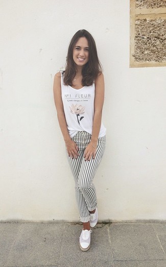 Women's White Floral Tank, White and Black Vertical Striped Skinny Pants, White Leather Oxford Shoes