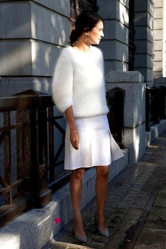 Women's White Fluffy Crew-neck Sweater, White Pleated Mini Skirt, Grey Leather Pumps