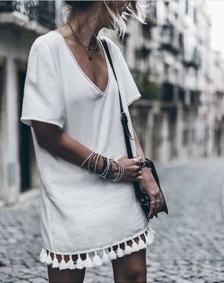 Women's White Fringe Shift Dress, Black Leather Crossbody Bag