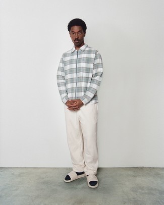 White Plaid Harrington Jacket Outfits: This combination of a white plaid harrington jacket and beige chinos is hard proof that a simple off-duty getup can still look extra sharp. Complete this getup with a pair of beige canvas sandals to make the ensemble current.