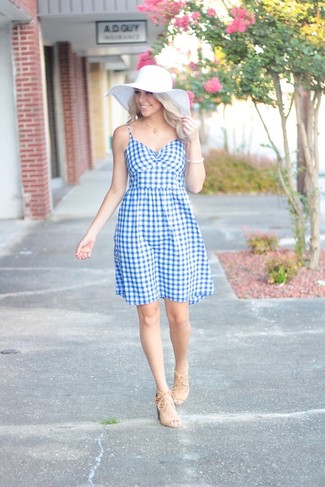 Women's White Bracelet, White Straw Hat, Beige Suede Heeled Sandals, Light Blue Gingham Fit and Flare Dress