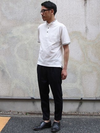 Men's White Henley Shirt, Black Chinos, Black Leather Oxford Shoes, Clear Sunglasses