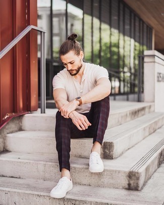 Men's White Henley Shirt, Burgundy Plaid Chinos, White Canvas Low Top Sneakers, Brown Leather Watch