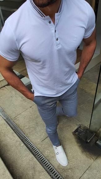 Aquamarine Chinos Outfits: Why not wear a white henley shirt with aquamarine chinos? These two items are totally functional and look amazing married together. White leather double monks are a simple way to transform this ensemble.