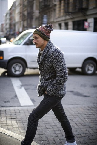 Men's Olive Print Beanie, White High Top Sneakers, Black Jeans, Charcoal Shawl Cardigan
