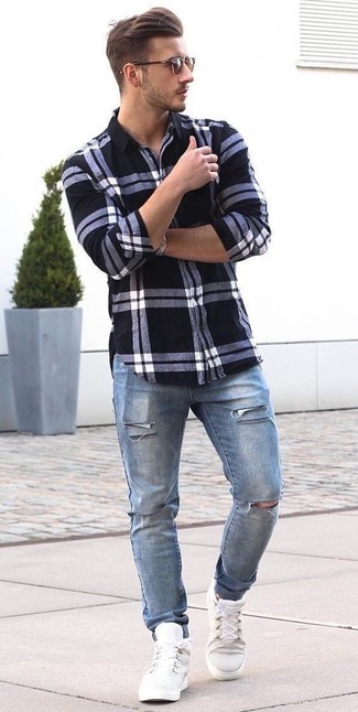 Men's Brown Sunglasses, White High Top Sneakers, Blue Ripped Jeans, White and Black Plaid Dress Shirt
