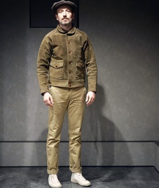 Olive Suede Shirt Jacket Outfits For Men: 