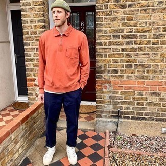 Men's Olive Beanie, White Canvas High Top Sneakers, Navy Chinos, Orange Polo Neck Sweater
