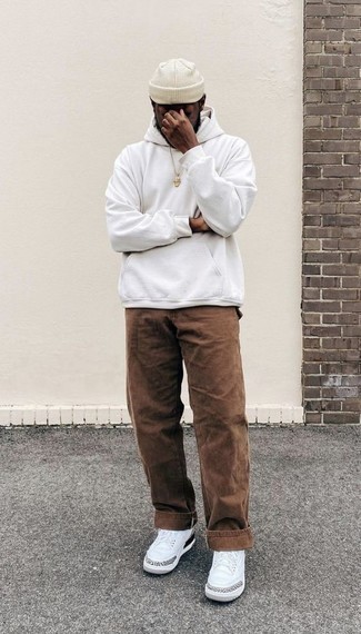 Men's White Hoodie, Brown Corduroy Chinos, White Leather Low Top Sneakers, White Beanie