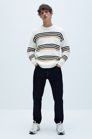 White Horizontal Striped Crew-neck Sweater Outfits For Men: Putting together a white horizontal striped crew-neck sweater with black jeans is an awesome pick for a casually stylish ensemble. Complete this outfit with white athletic shoes to effortlessly rev up the cool of this ensemble.